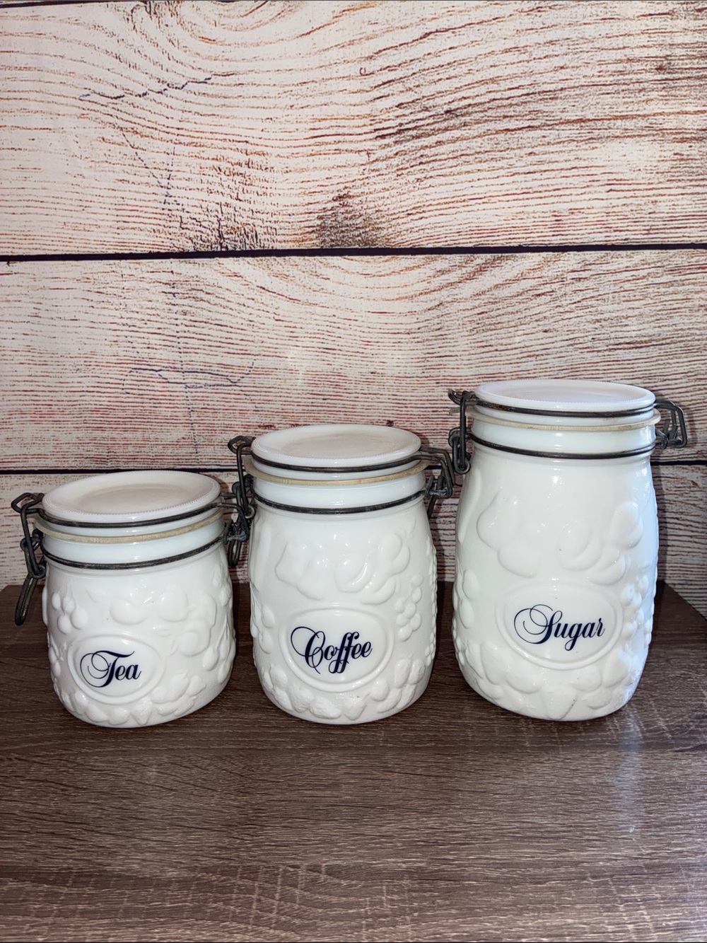 Vintage Wheaten White Ceramic Tea, Coffee & Sugar Canister Set /Airtight Lids